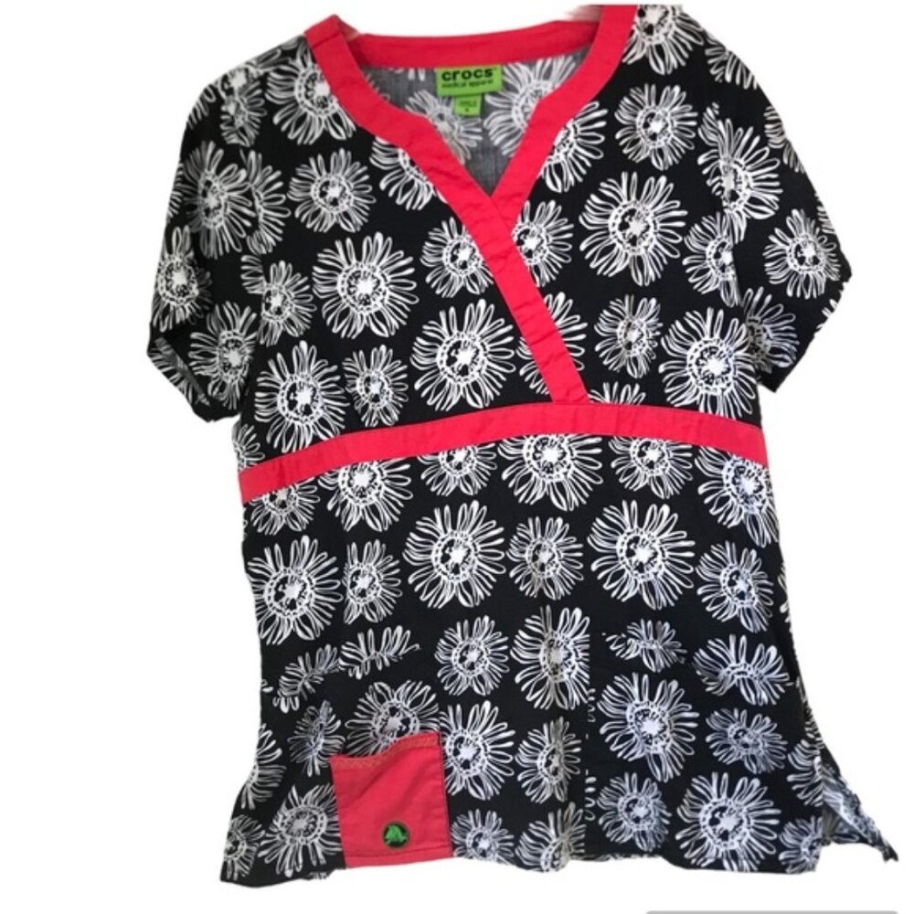 Crocs Medical Apparel Scrubs Floral Cotton Pockets Graphic Top Shirt Tunic Red S